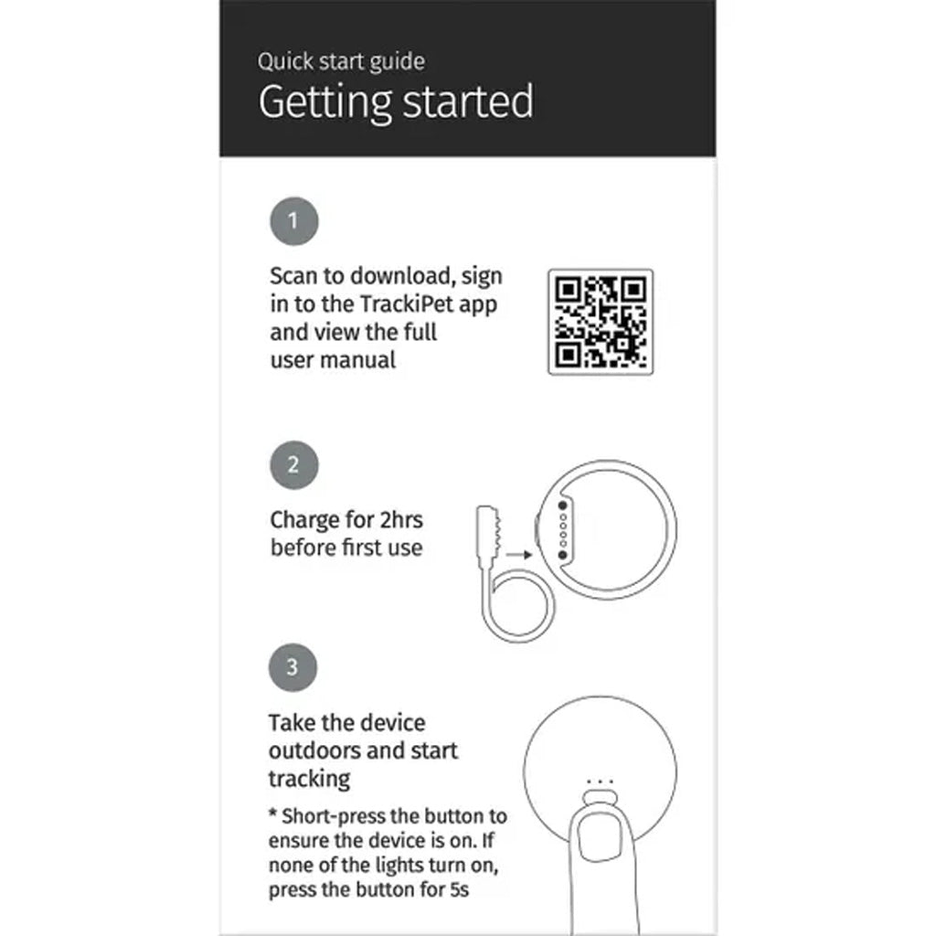 Quick start guide for a trackipet device with QR code and instructions on a white background