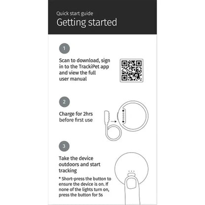 Quick start guide for a trackipet device with QR code and instructions on a white background
