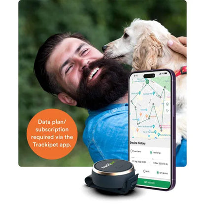 Man with a dog and a smartphone displaying a tracking app, with a Trackipet device at the bottom.