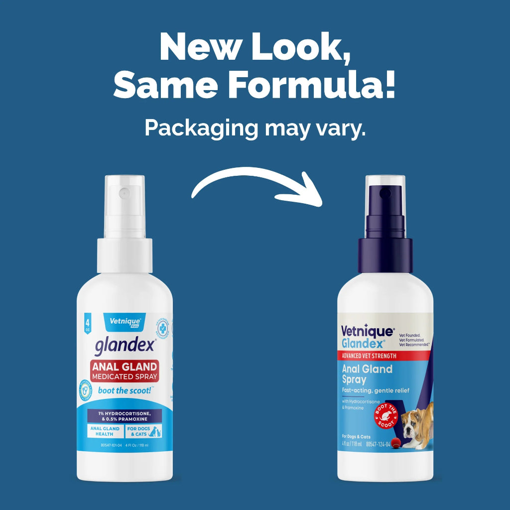 Two Vetnique Glandex spray bottles on a blue background with text about new packaging.