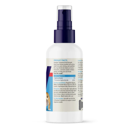Vetnique Glandex spray product facts label on white spray botte with blue top