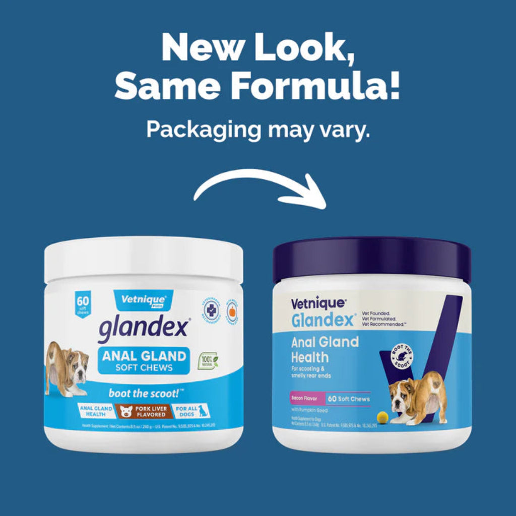 Two Vetnique Glandex products on a blue background with text about new packaging.