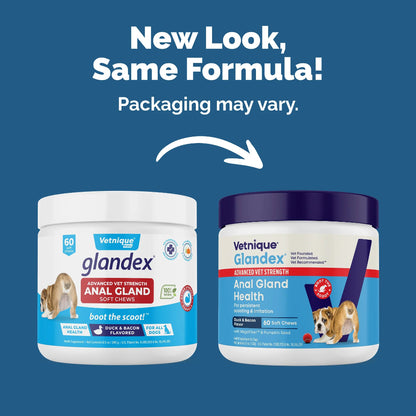 Two Vetnique Glandex products on a blue background with text about new packaging.