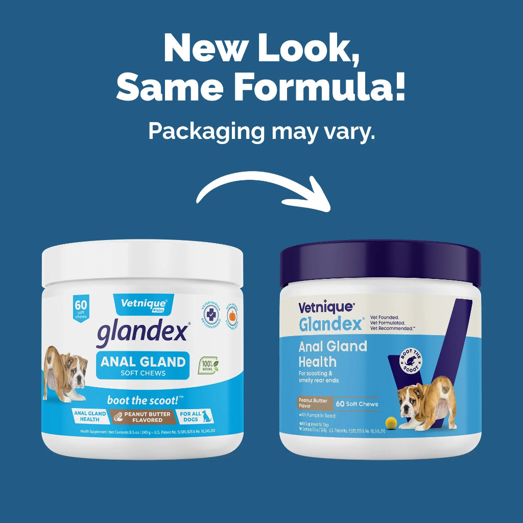Two Vetnique Glandex Anal Gland Health products with a blue background and text indicating 'New Look, Same Formula!'.