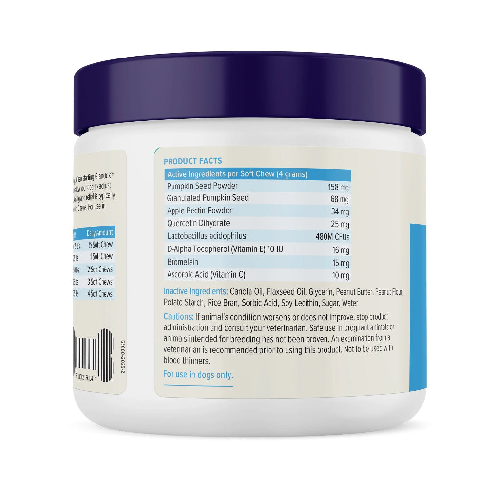 Container of pet supplement with label showing product facts and ingredients.