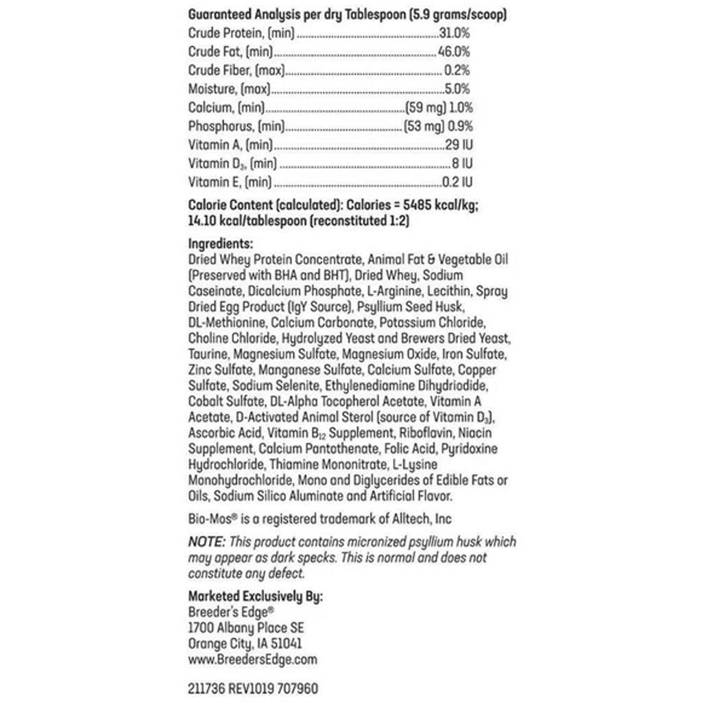 Nutritional label and ingredient list for a protein supplement on a white background