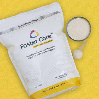 Breeder's Edge Foster Care Puppy Milk Replacer package on a yellow background