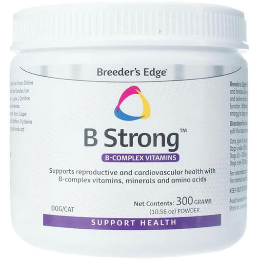 B Strong B-complex vitamins powder container for dogs and cats by Breeder's Edge on a white background