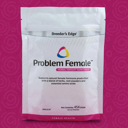 Package of Breeder's Edge Problem Female supplement on a pink background