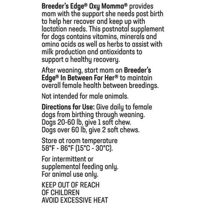 Text description of Breeder's Edge Oxy Momma supplement for dogs on a white background