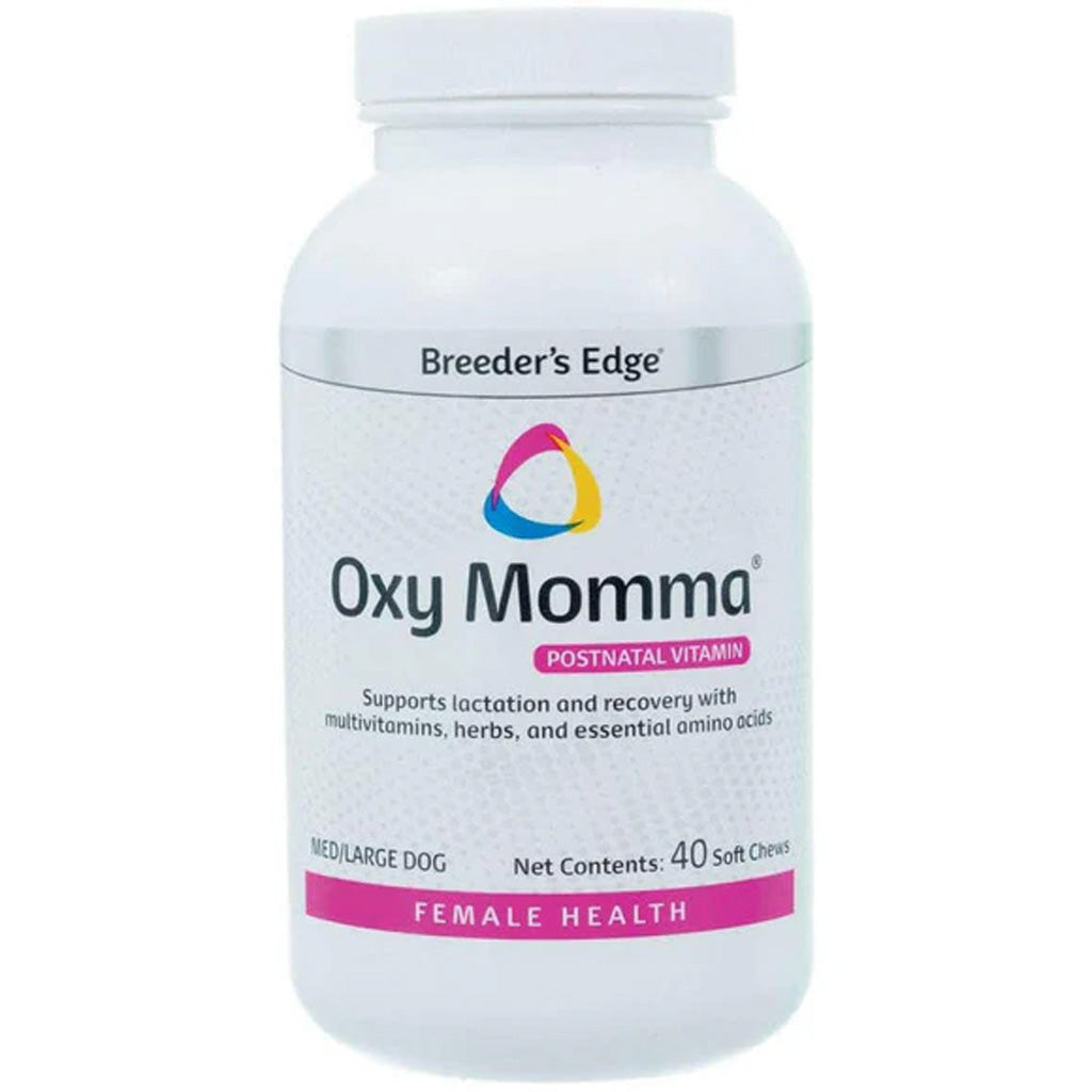 Breeder's Edge Oxy Momma postnatal vitamin bottle for female health on a white background