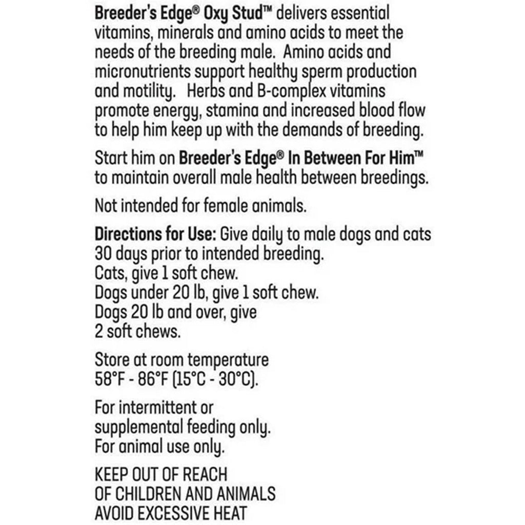 Product label for Breeder's Edge Oxy Stud with text on a white background