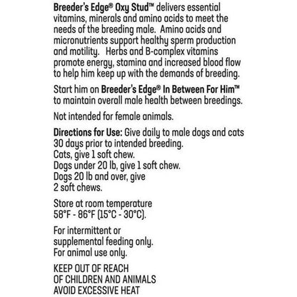 Product label for Breeder's Edge Oxy Stud with text on a white background