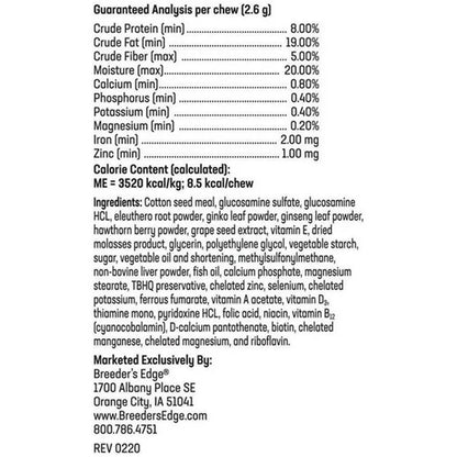Nutritional label and ingredient list for a product by Breeders' Edge on a white background.