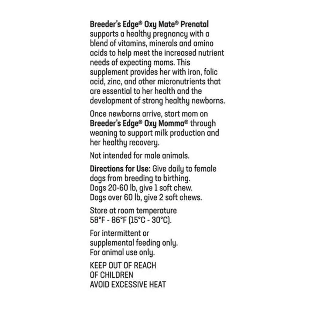 Product label for 'Breeder's Edge Oxy Mate' supplement with text on a white background