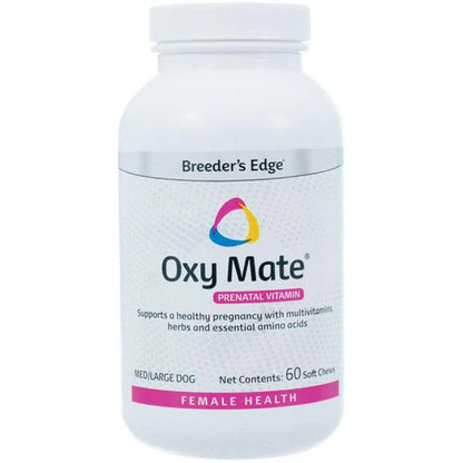 Bottle of Breeder's Edge Oxy Mate Prenatal Vitamin for dogs on a white background