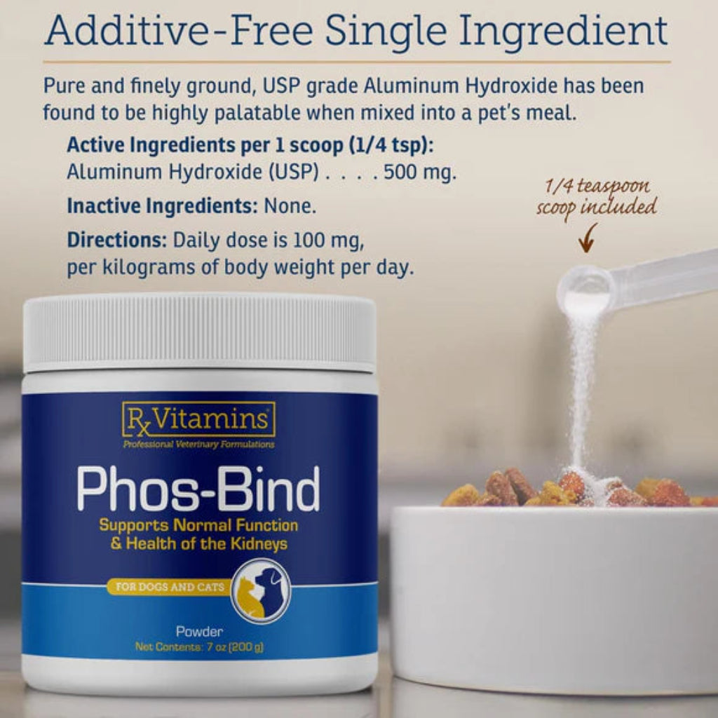 RVitamins Phos-Bind powder container with text about additive-free single ingredient and usage.