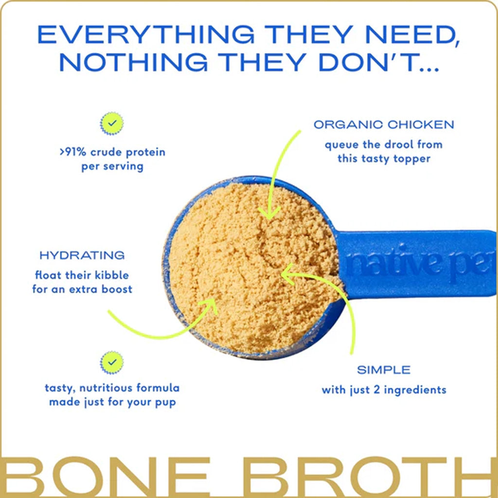 Promotional image of a scoop of bone broth with text highlighting its benefits on a gold background.