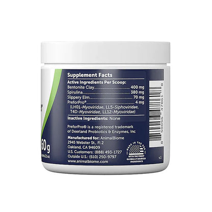 AnimalBiome Gut Defender Supplement container with label showing ingredient details on a white background