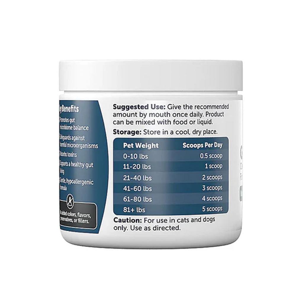 AnimalBiome Gut Defender Container with label for pet supplement, showing usage instructions and weight guidelines.