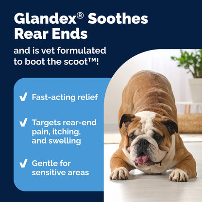 Dog lying on a white floor with Glandex product information text and features.