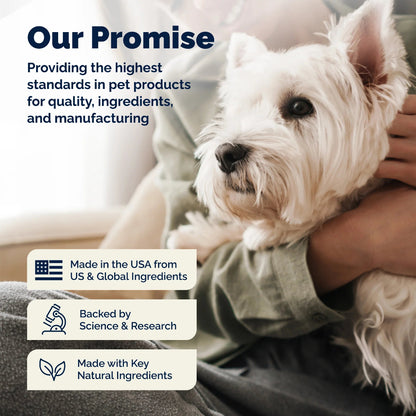Person holding a small white dog with text about pet product quality and ingredients.