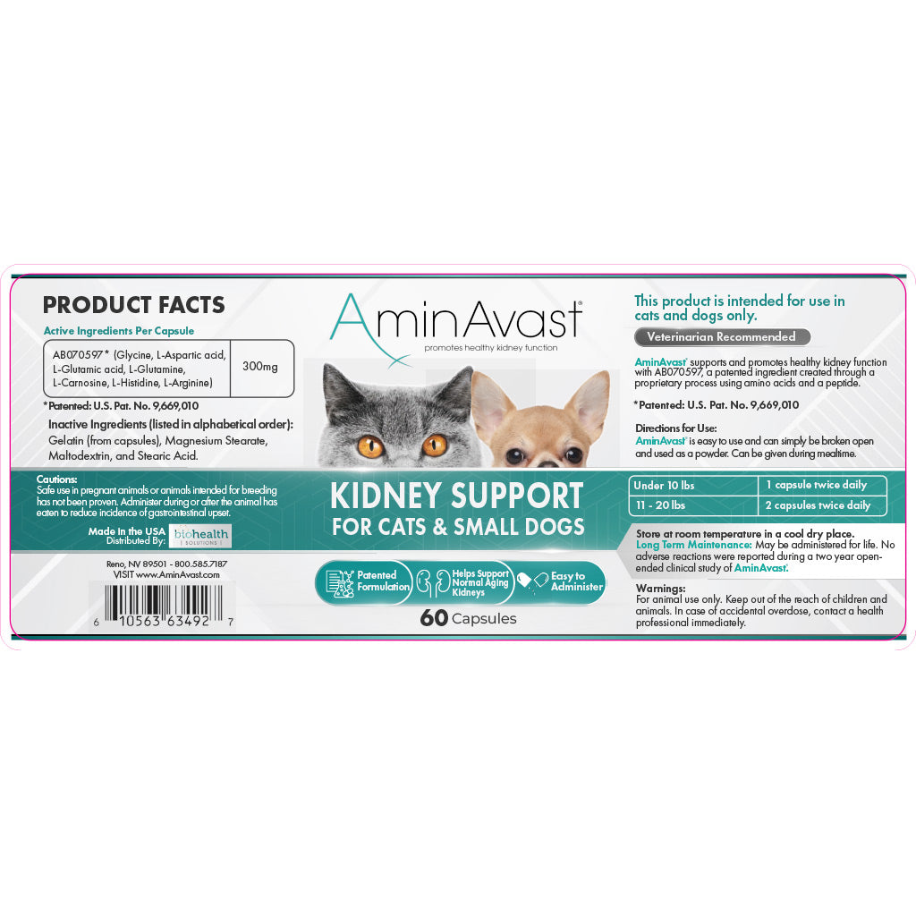 AminAvast kidney support supplement packaging for cats and small dogs on a white background