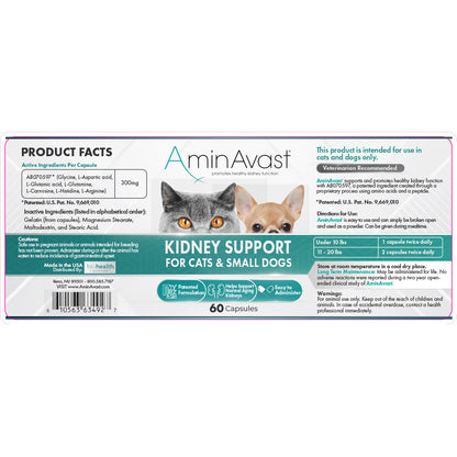 AminAvast kidney support supplement packaging for cats and small dogs on a white background
