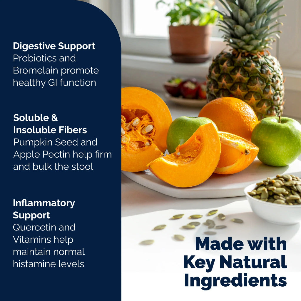 Fruits and seeds on a table with text about digestive support and natural ingredients.