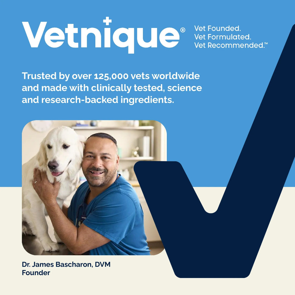 Advertisement for Vetnique with a vet holding a dog and text about the brand's credibility.