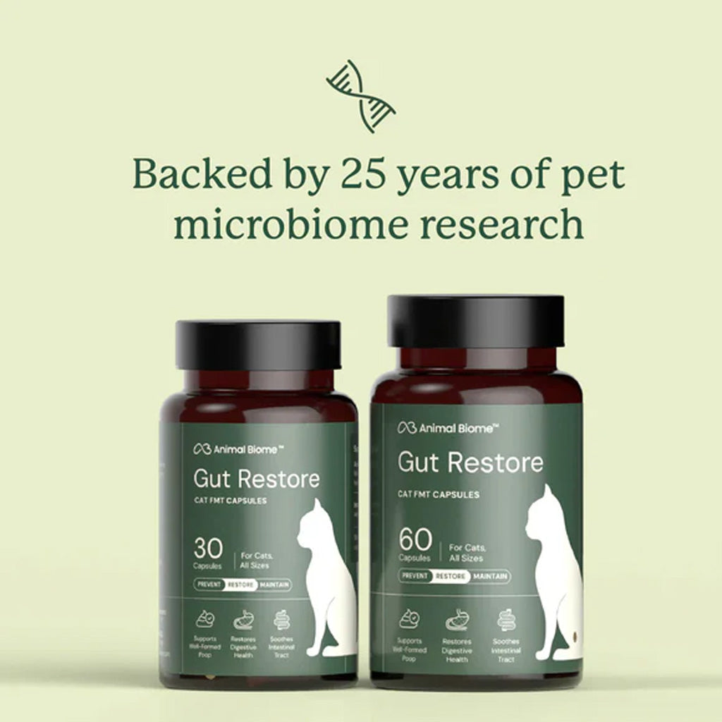Two bottles of Animal Biome Gut Restore cat and dog capsules on a light green background with text about microbiome research.