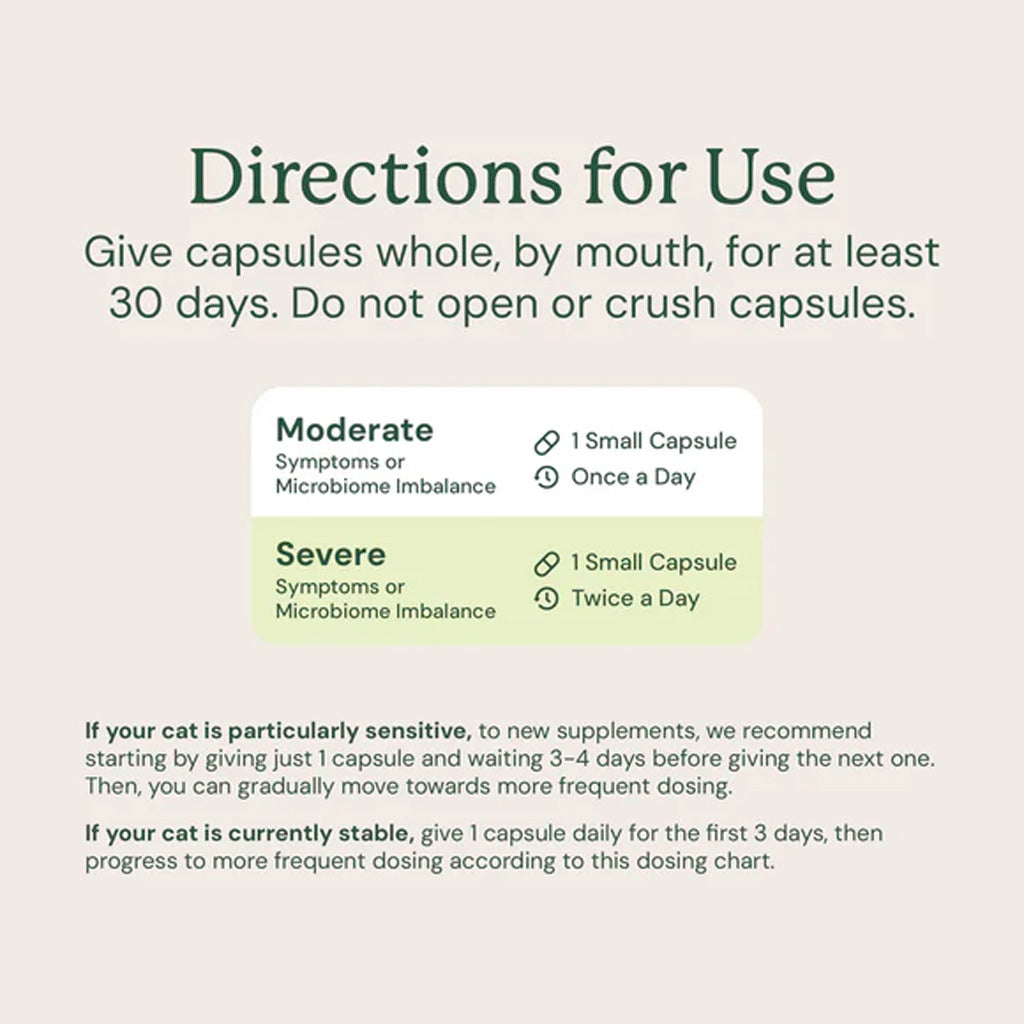 Dosing chart for capsules with directions for use on a light beige background