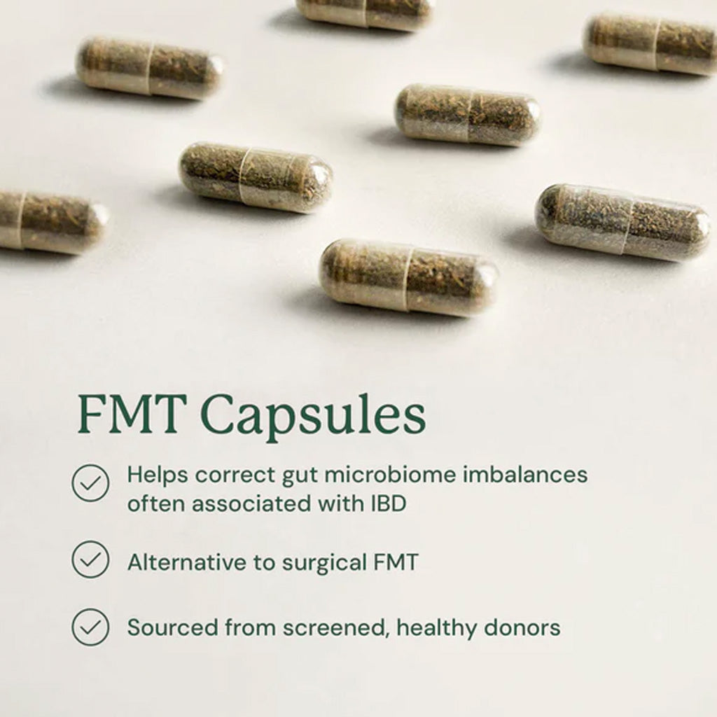 FMT capsules on a light background with text about their benefits.