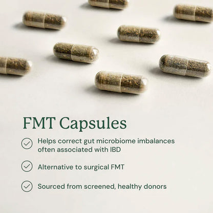FMT capsules on a light background with text about their benefits.