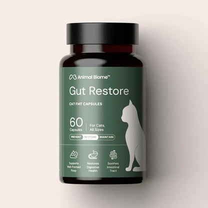 Bottle of Animal Biome Gut Restore cat FMT capsules on a beige background