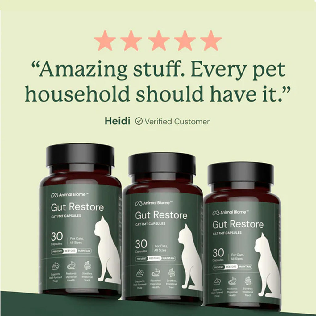 Three bottles of Animal Biome Gut Restore cat and dog supplement with a five-star review quote on a light green background.