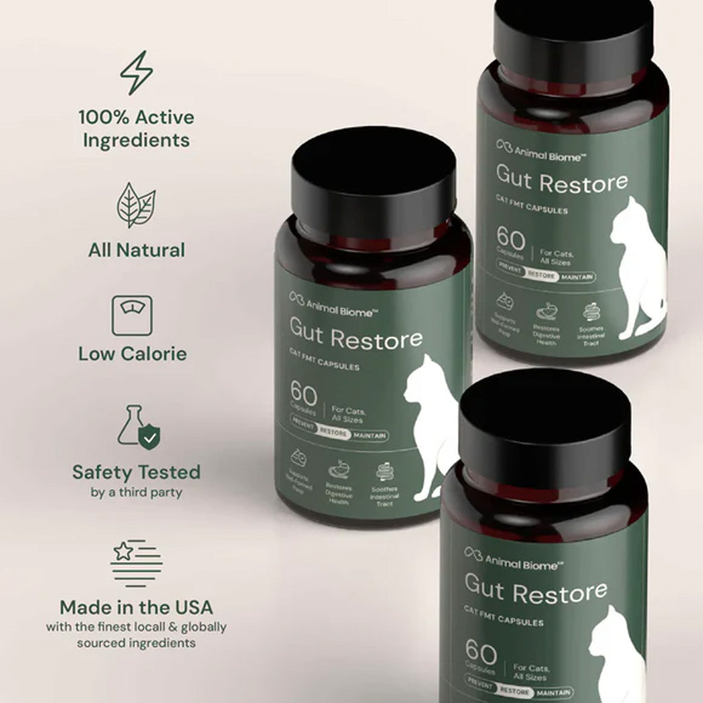 Three bottles of Animal Biome Gut Restore for pets on a light gray background with product details.