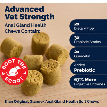 Glandex Dog treats labeled 'Advanced Vet Strength' with Boot the Scoot logo on a wooden surface.