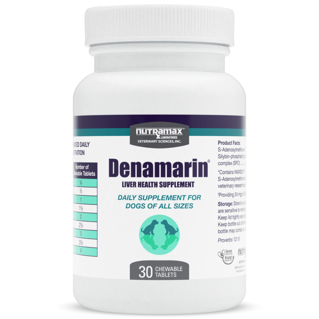 Denamarin liver health supplement bottle for dogs on a white background