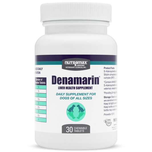 Denamarin liver health supplement bottle for dogs on a white background