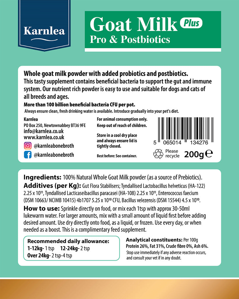 Karnlea Goat Milk Plus Pro & Postbiotics packaging with label on a green background