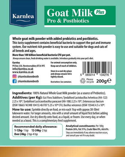 Karnlea Goat Milk Plus Pro & Postbiotics packaging with label on a green background