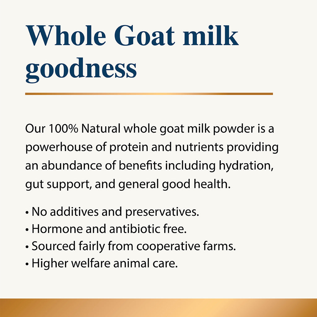 Text describing whole goat milk powder with a gold accent on a white background