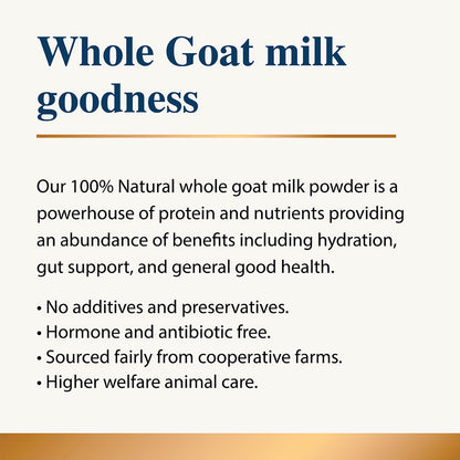 Text describing whole goat milk powder with a gold accent on a white background