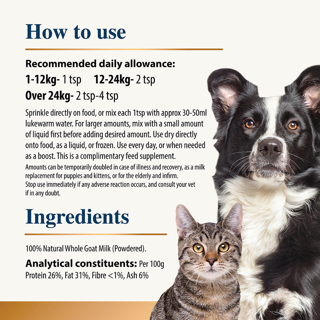 Pet supplement label with two dogs and a cat, detailing usage and ingredients.
