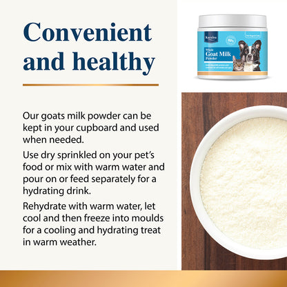 Goat milk powder container with text about convenience and health benefits on a wooden surface.