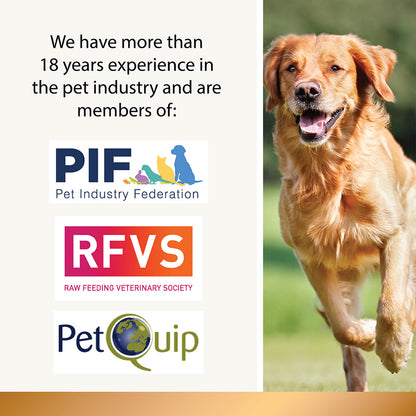 Dog running outdoors with logos of Pet Industry Federation, Raw Feeding Veterinary Society, and PetQuip on a white background.