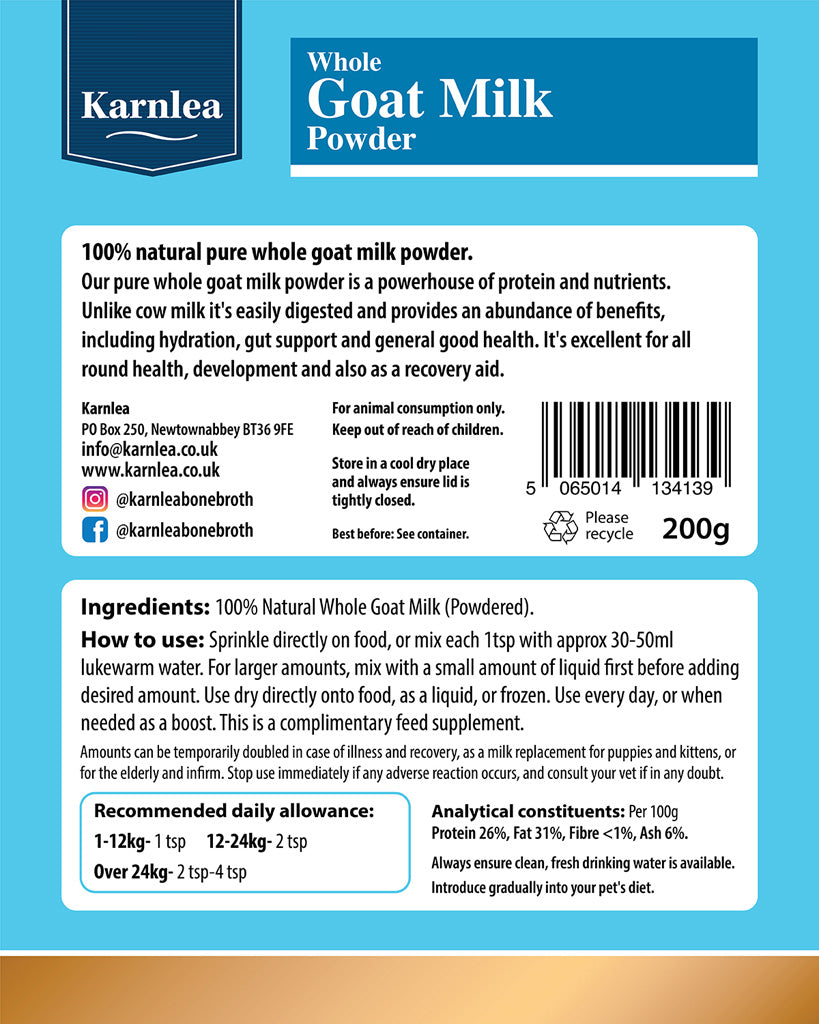 Karnlea Whole Goat Milk Powder packaging with text and ingredients listed on a blue background