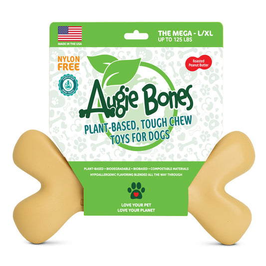 Augie Bones dog chew toy with packaging on a white background