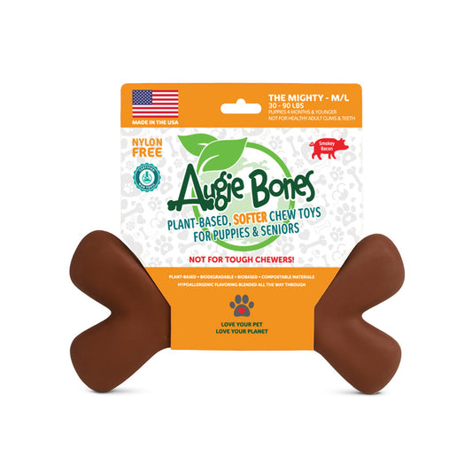 Brown dog bone toy with Augie Bones packaging on a white background